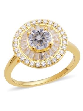 Moissanite Double Halo Ring in Vermeil Yellow Gold Over Sterling Silver